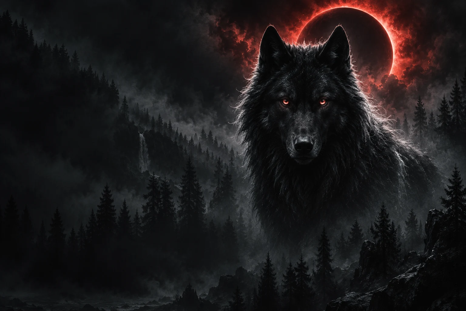 A dark wolf with silver-lit fur before a crimson eclipse in a misty forest